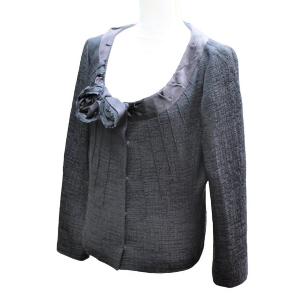 Elie Tahari Sabrina Rose Embellished Black Texture Suit Jacket, Size Lar… - Picture 8 of 12